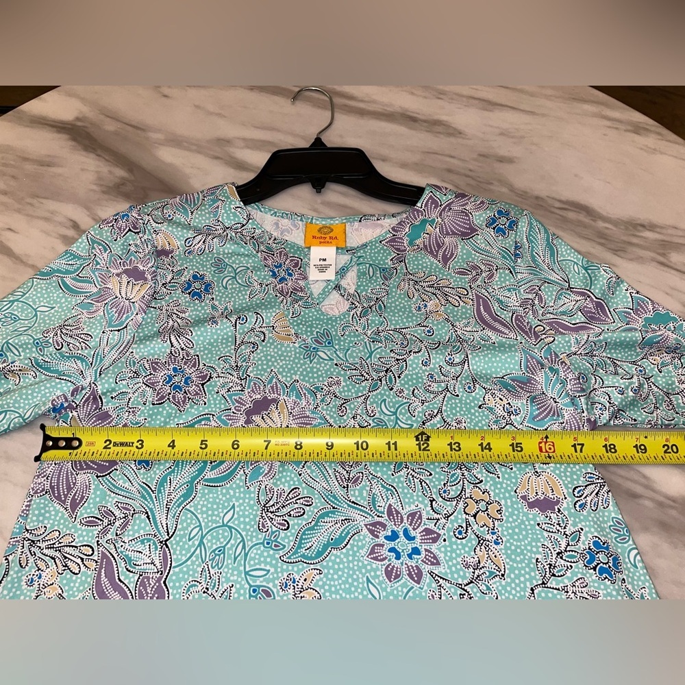 Ruby Rd. Aqua Floral V-Neck Ruffle Sleeve Blouse - Picture 6 of 6
